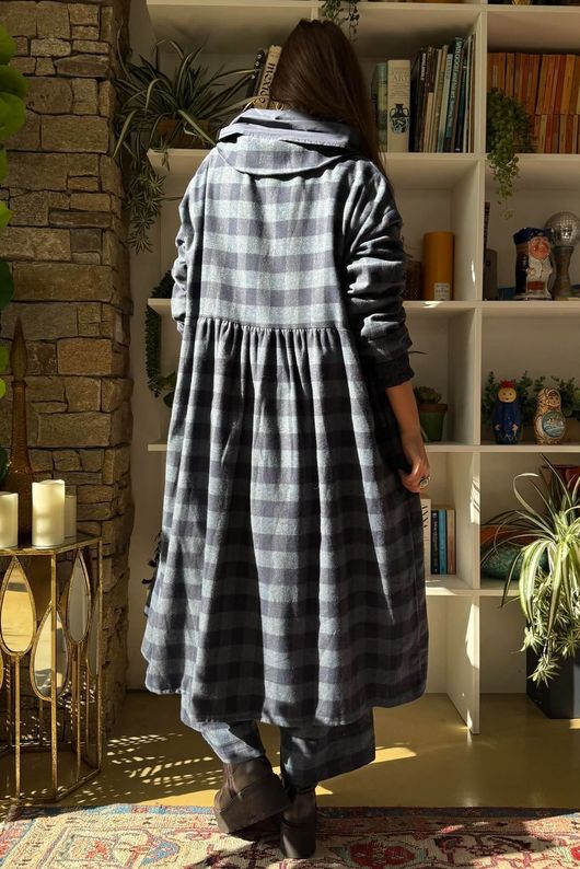 Nora Brushed Cotton Gingham Frock Coat Navy